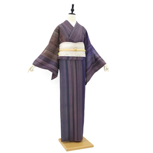 正絹　上質な小紋　袷　東海道柄 中古】 小紋 着物 正絹 袷 手染め 紫 茶 ベージュ ブラウン 黒 縞 青海
