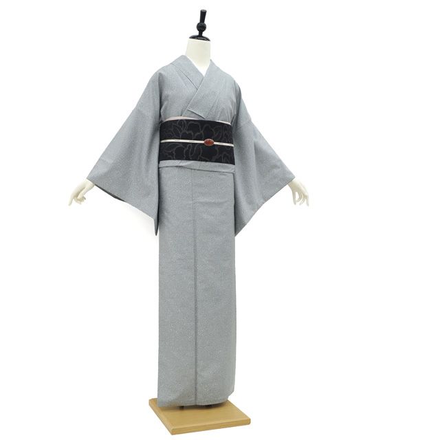 中古】 本場牛首紬 着物 正絹 袷 手染め たたき染 ライトブルーグレー