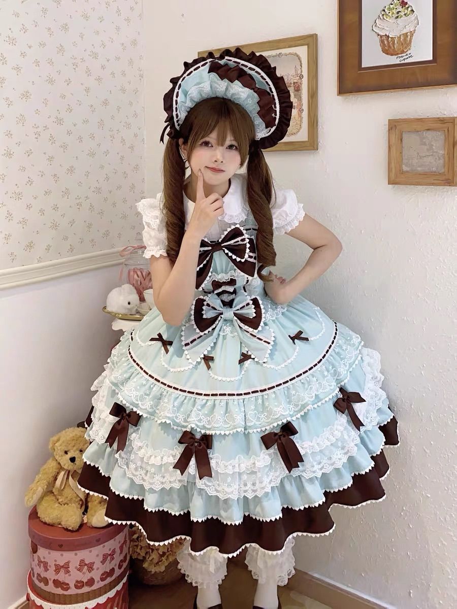 ロリータ ワンピース ミントチョコ フリル リボン 甘ロリ クラシカル ドール風 半袖 レース 姫系 量産型 地雷系 メイド風 ガーリー お茶会 コスプレ レディース Lolita 可愛い フェミニン