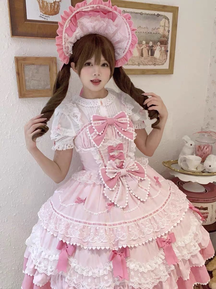 ロリータ ワンピース ピンク フリル リボン 甘ロリ 姫系 ドール風 半袖 レース 量産型 地雷系 メイド風 ガーリー Lolita 可愛い お茶会 コスプレ レディース フェミニン 推し活 イベント