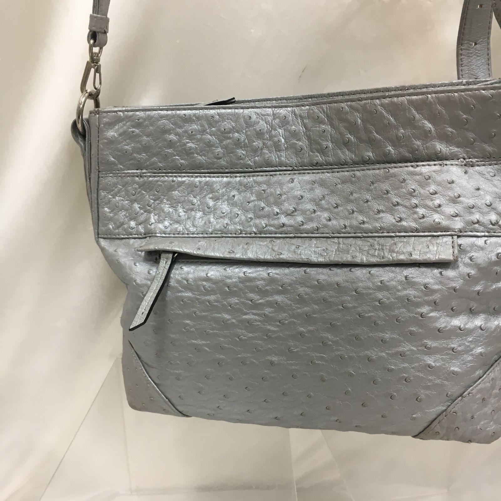 三沢店85】* Takechi タケチ ハンドバッグ シルバー オーストリッチ 