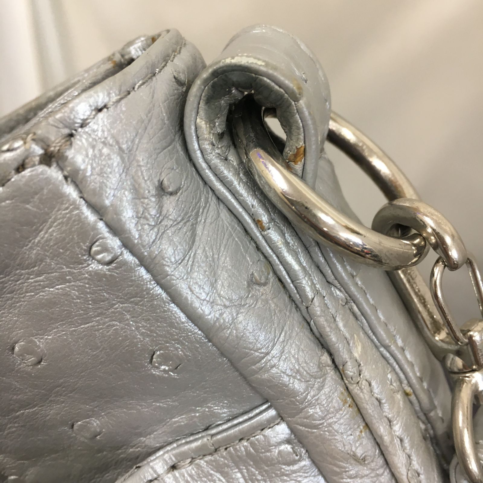 三沢店85】* Takechi タケチ ハンドバッグ シルバー オーストリッチ 