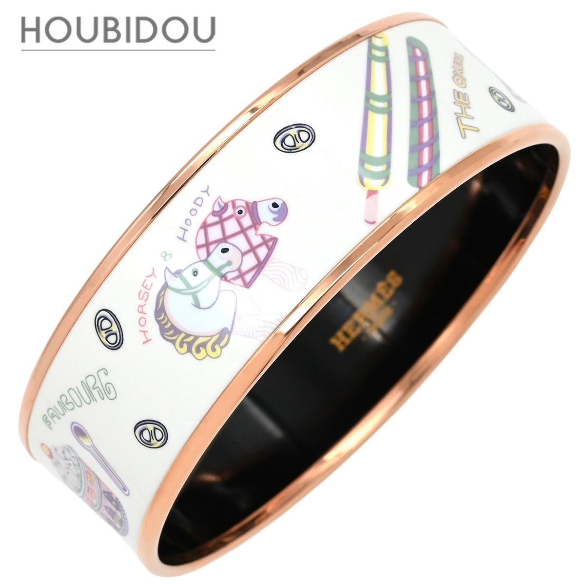 エルメス HERMES バングル エマイユ GM ファニーアイスクリーム GP 七宝焼き ホワイト×マルチカラー ローズゴールド金具 PG金具 シェーヌダンクル柄 【箱】【中古】