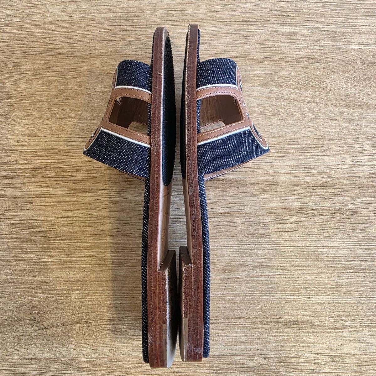 HERMES エルメス オラン H スリッパ デニム レザーモチーフ 22.5cm