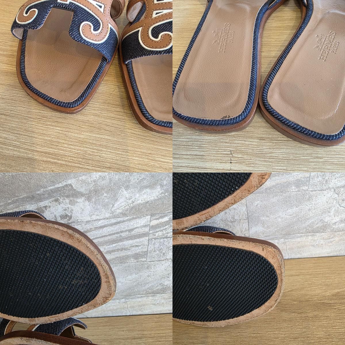 HERMES エルメス オラン H スリッパ デニム レザーモチーフ 22.5cm