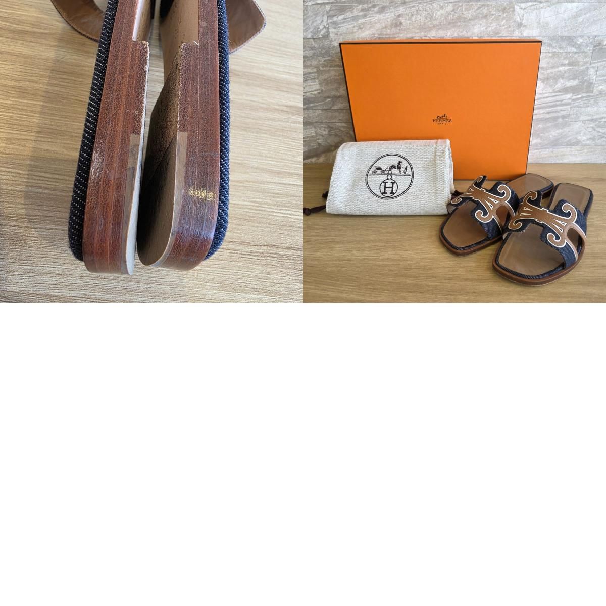 HERMES エルメス オラン H スリッパ デニム レザーモチーフ 22.5cm