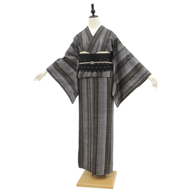 新古品】 紬 着物 未使用 正絹 真綿紬 十日町 袷 グレー系 粋な 縞