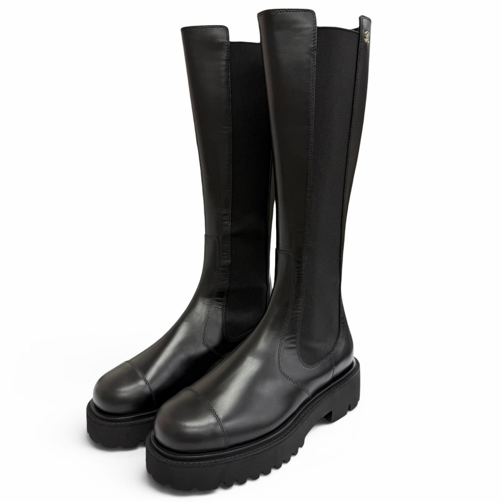 極美品△CHANEL シャネル G45786 B17237 24B ココマーク サイドゴア レザー ロングブーツ 厚底 ブラック 38 イタリア製 レディース 保存袋付き 美シルエット オススメ◎