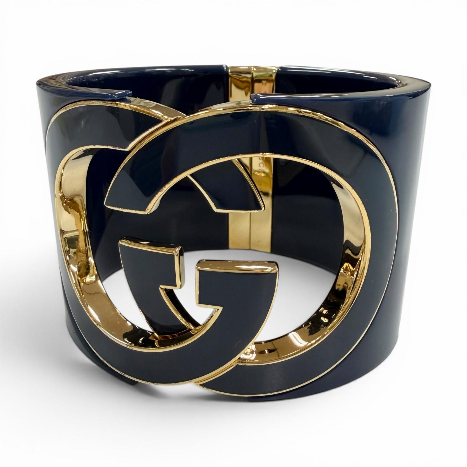 極美品▼GUCCI グッチ インターロッキングG カフブレスレット バングル ネイビー ゴールド金具 L イタリア製 メンズ レディース ユニセックス