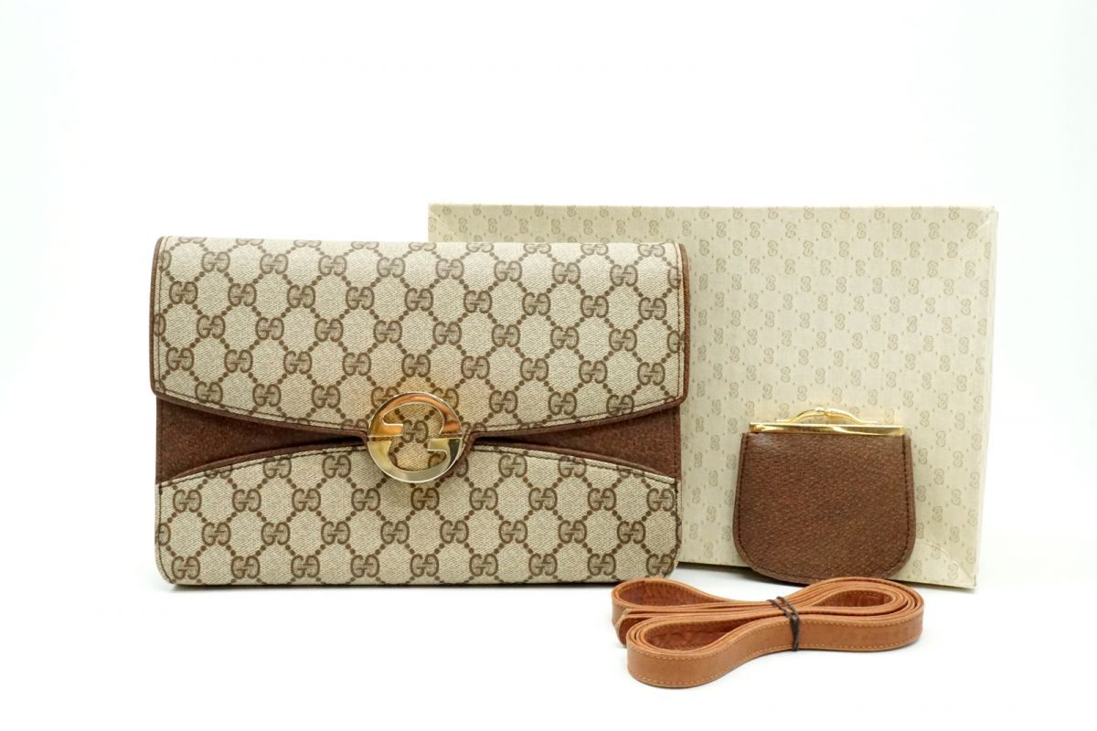 オールド グッチ ヴィンテージ デッドストック 2way クラッチ ショルダー バッグ GGプラス PVCキャンバス 茶 ブラウン GUCCI 6563h