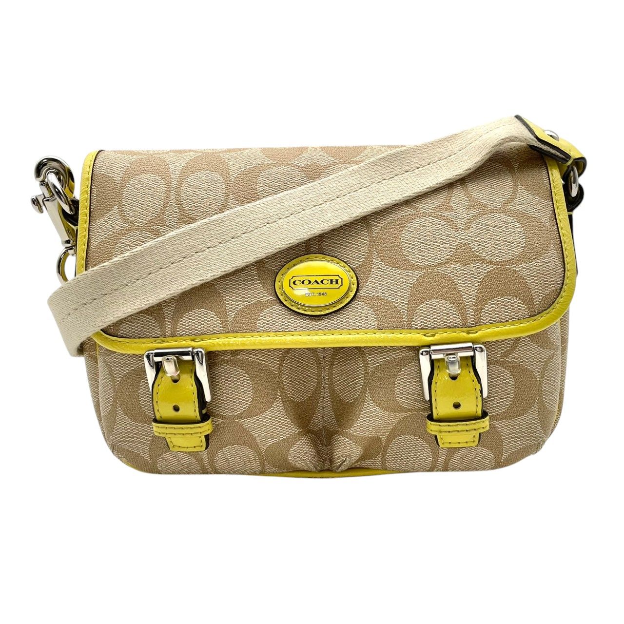 美品 COACH コーチ ショルダーバッグ ベージュ イエロー シグネチャー 