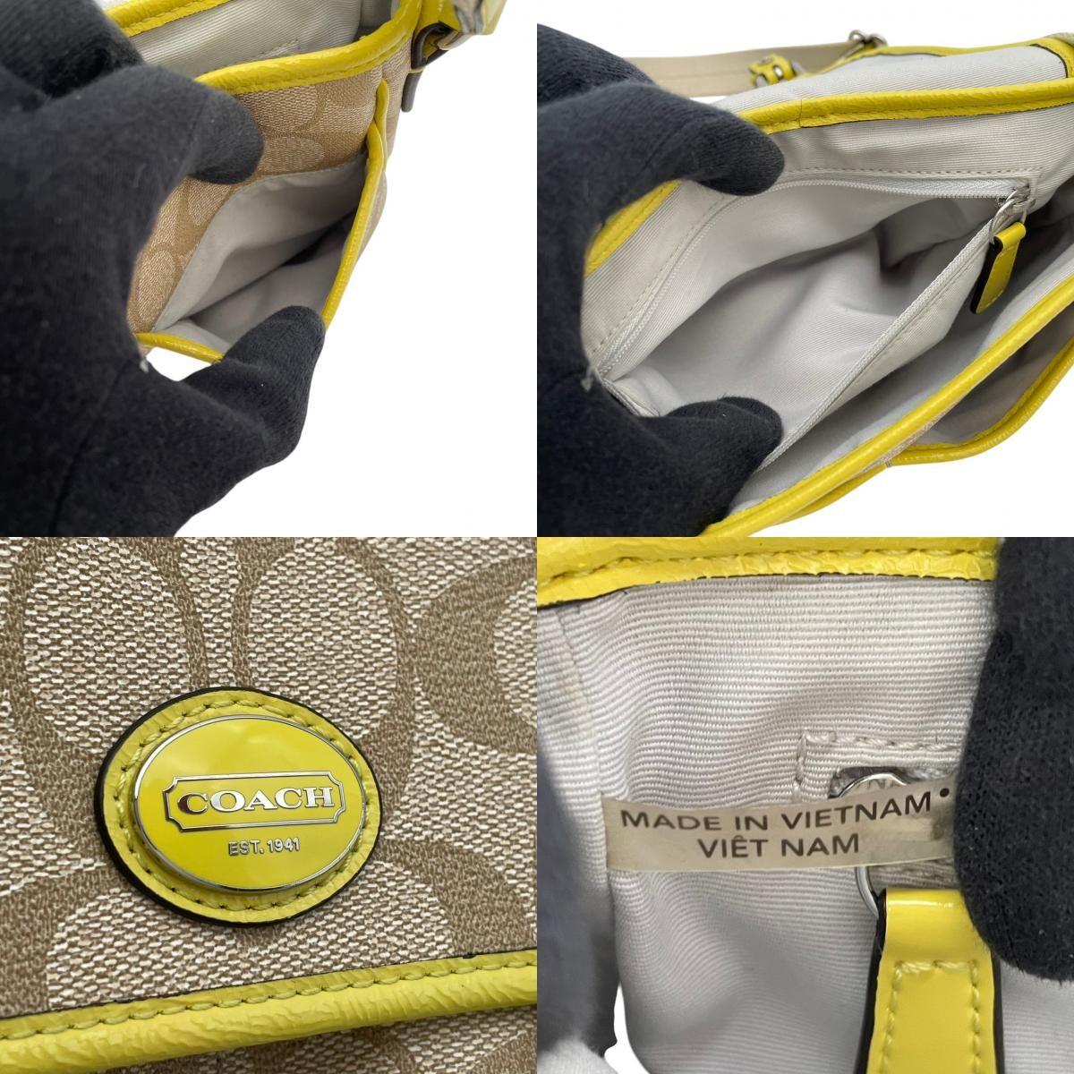 美品 COACH コーチ ショルダーバッグ ベージュ イエロー シグネチャー 