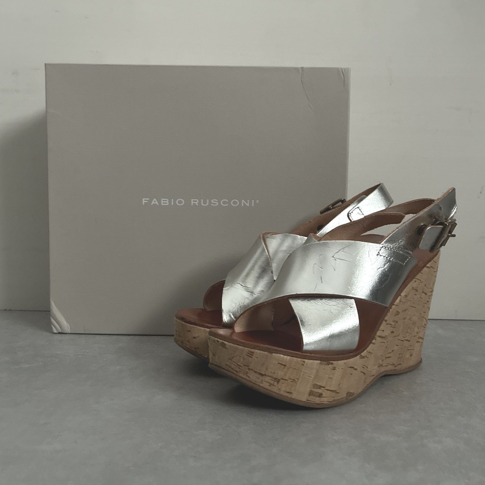 定価2.6万 FABIO RUSCONI イタリア製 ワイドクロスベルト トレンドライク サンダル シルバー ファビオルスコーニ 23㎝