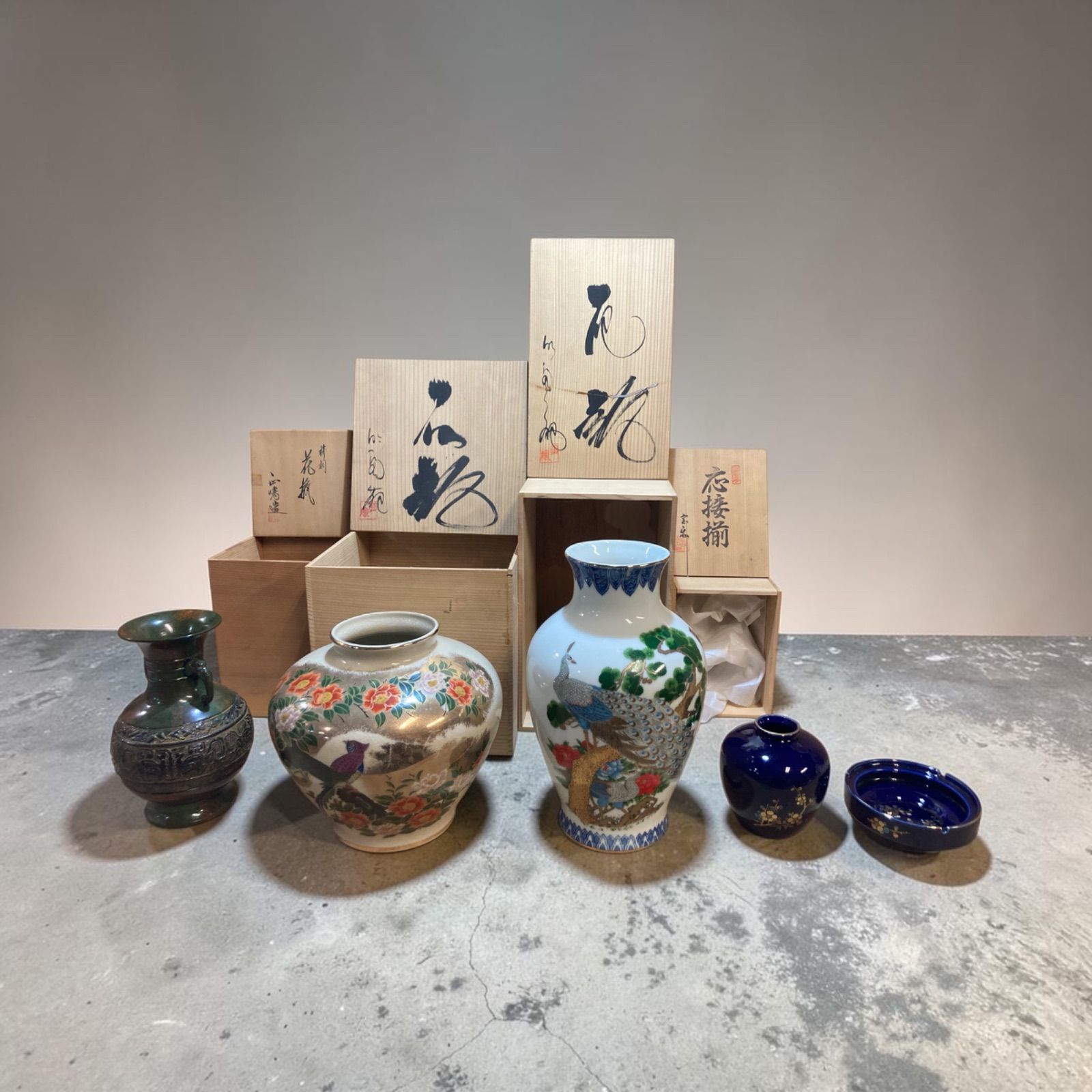 花瓶 陶器 高岡銅器　応接揃　5点セット まとめ売り 木箱入り 和風 花器　刻印