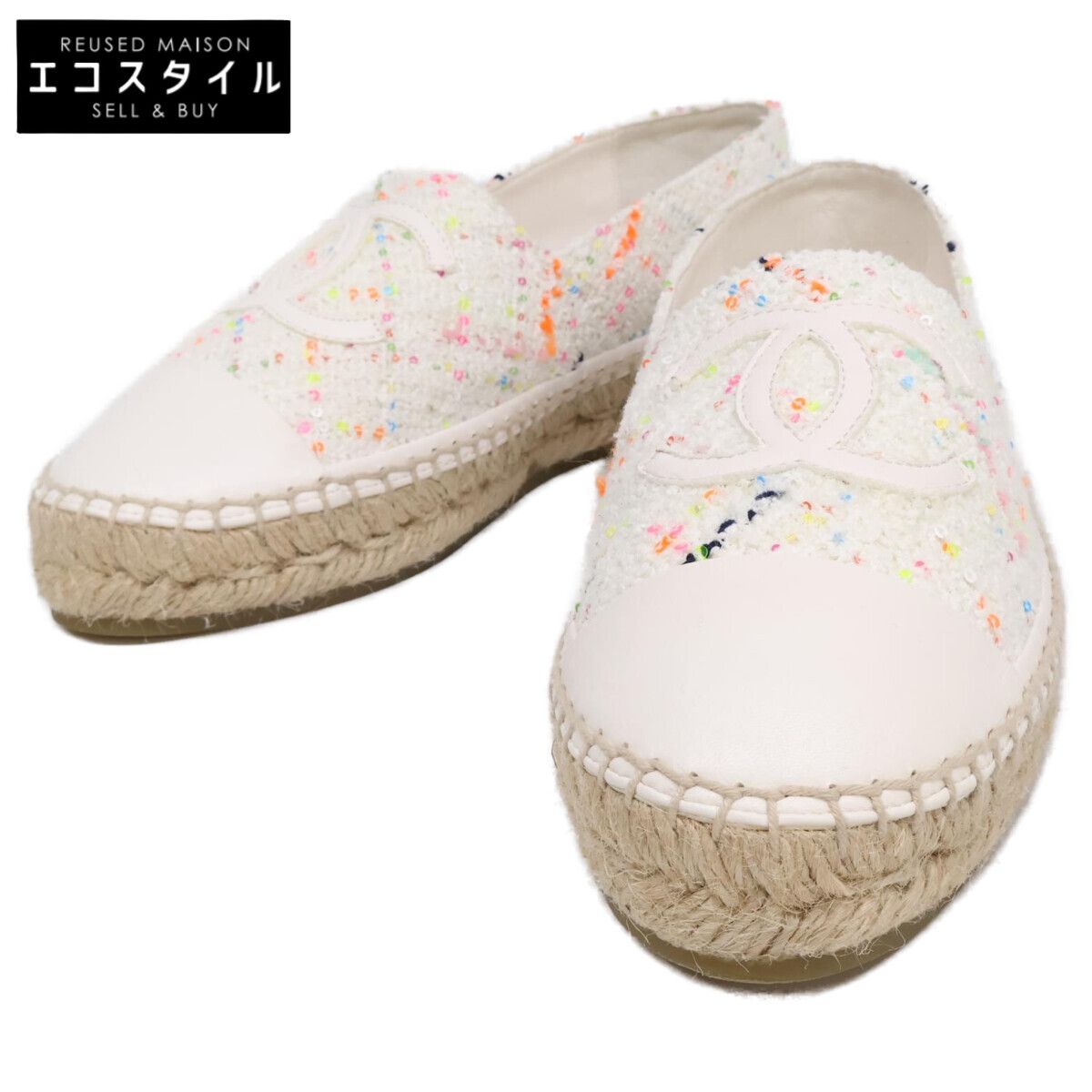 CHANEL　シャネル　24C Z G29762 B15327 ホワイト ココマーク ツイード×レザー エスパドリーユ シューズ　37C 44,814円