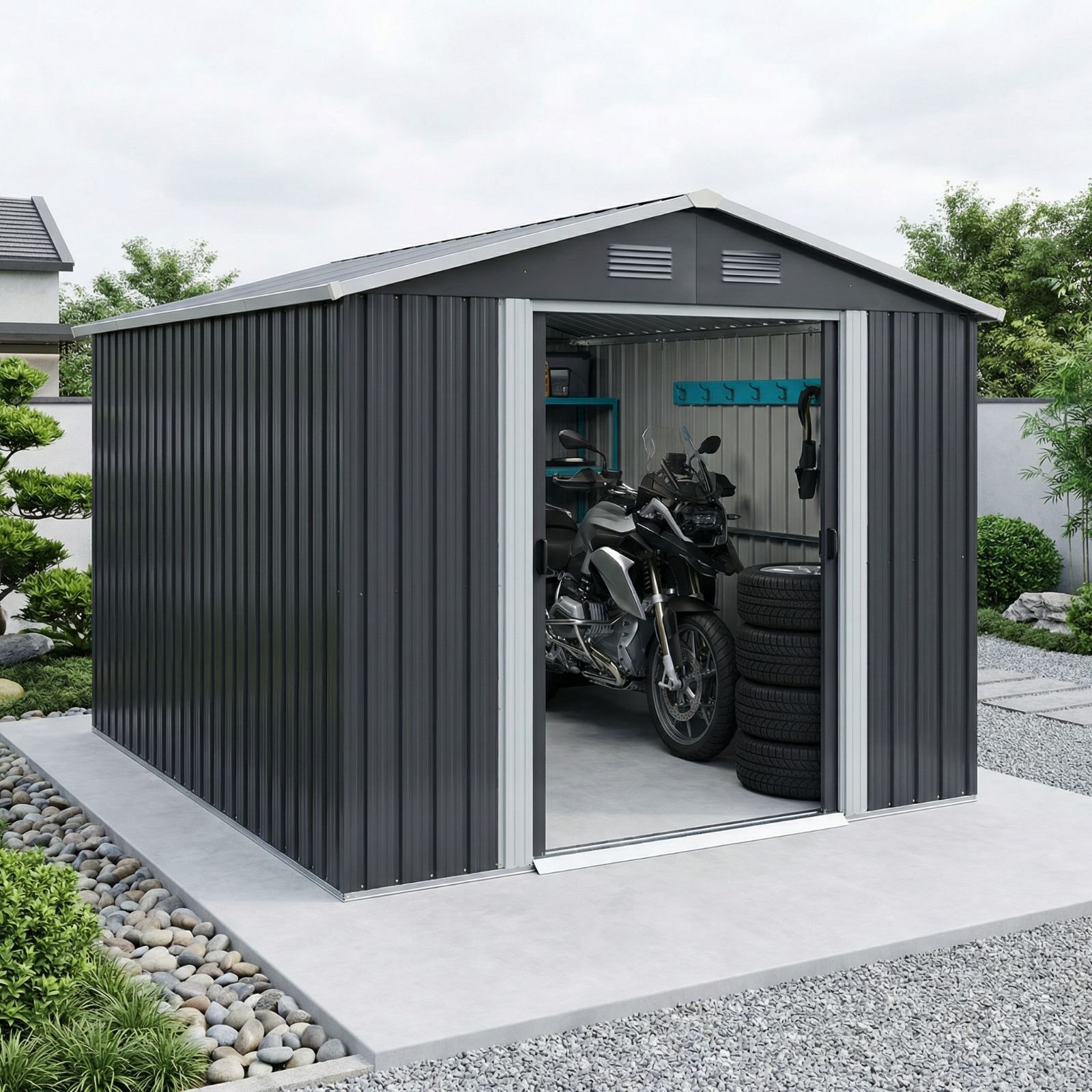 ブラック】物置 屋外 大型収納庫 幅236×奥行303×高さ190cm スチール