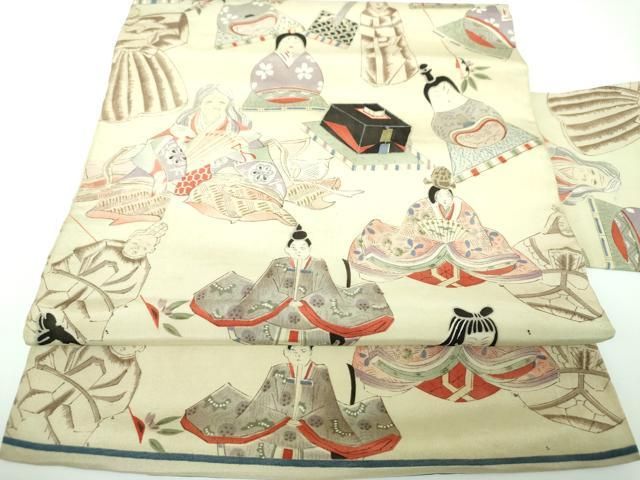 平和屋着物●アンティーク 大正ロマン 九寸名古屋帯 手描き 人物文 玩具文様 正絹 逸品 DABE5462ps