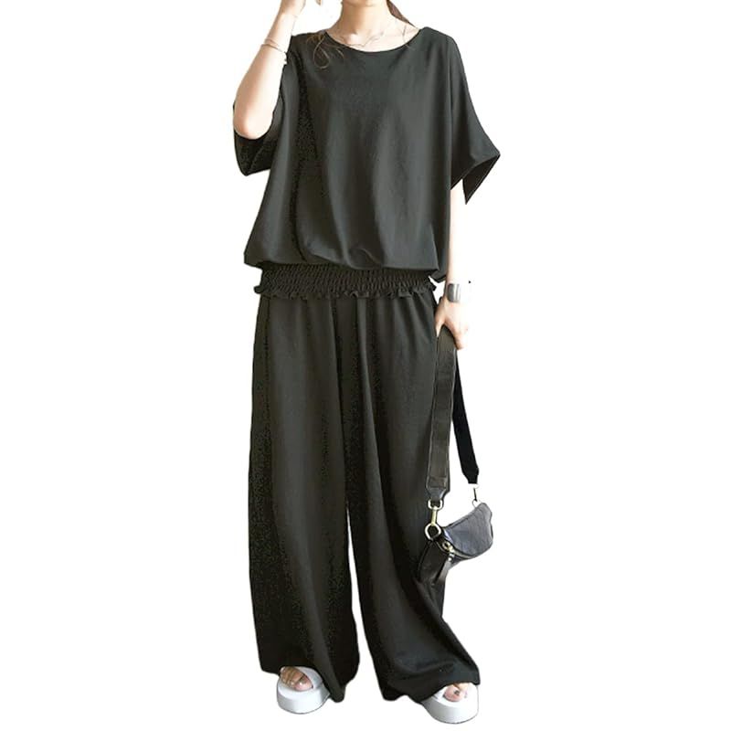 【新品】 [アンドイット] ひんやりタッチ セットアップ ワイド プルオーバー パンツ 上下 2点セット レディース ワイドパンツ 夏 接触冷感 オールインワン M ダークグレー 1