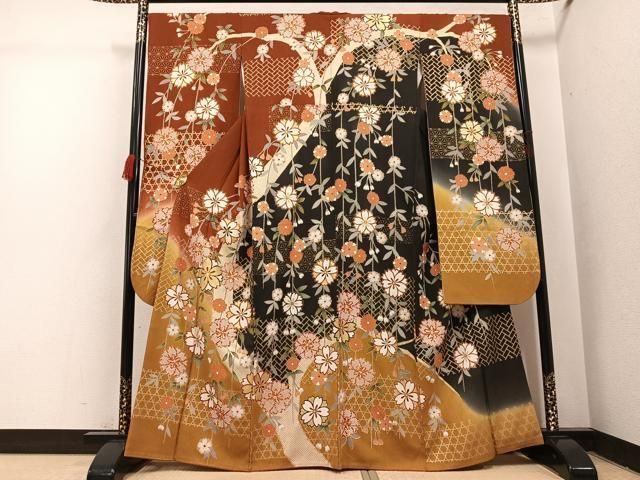 平和屋着物●豪華振袖　駒刺繍　枝花文　暈し染め　金彩　正絹　逸品　AABI4847ph