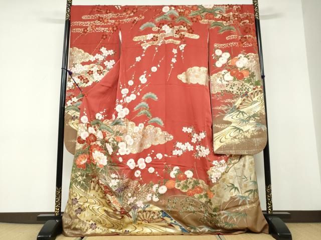 平和屋着物●豪華振袖 駒刺繍 片輪車草花文 暈し染め 金彩 正絹 逸品 DABD9924ud