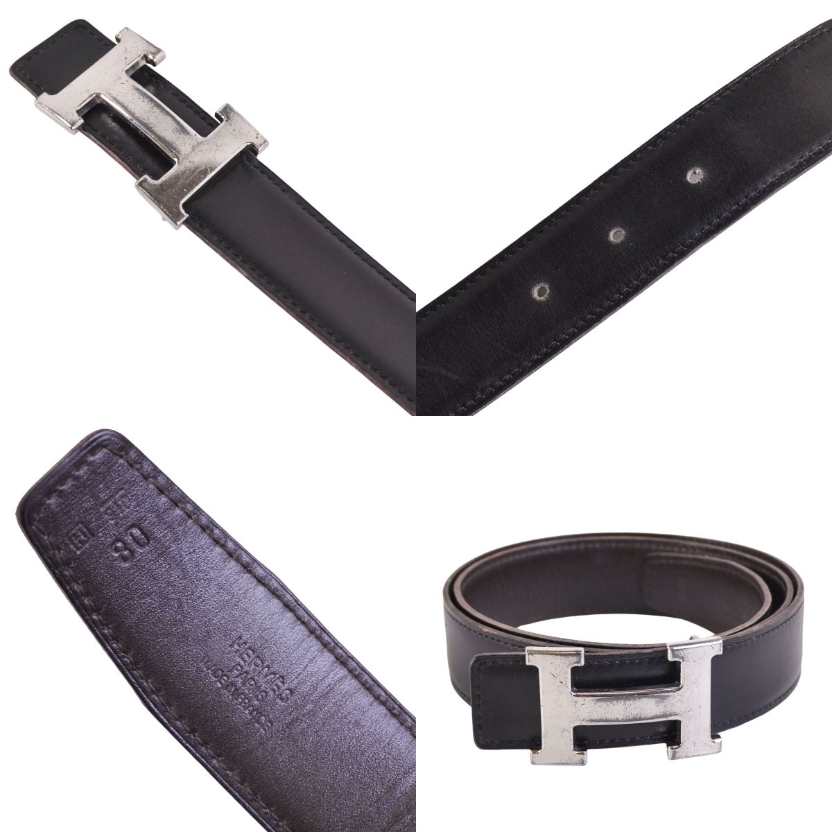 美品 エルメス HERMES ベルト レザーベルト コンスタンス Hロゴ シルバ 