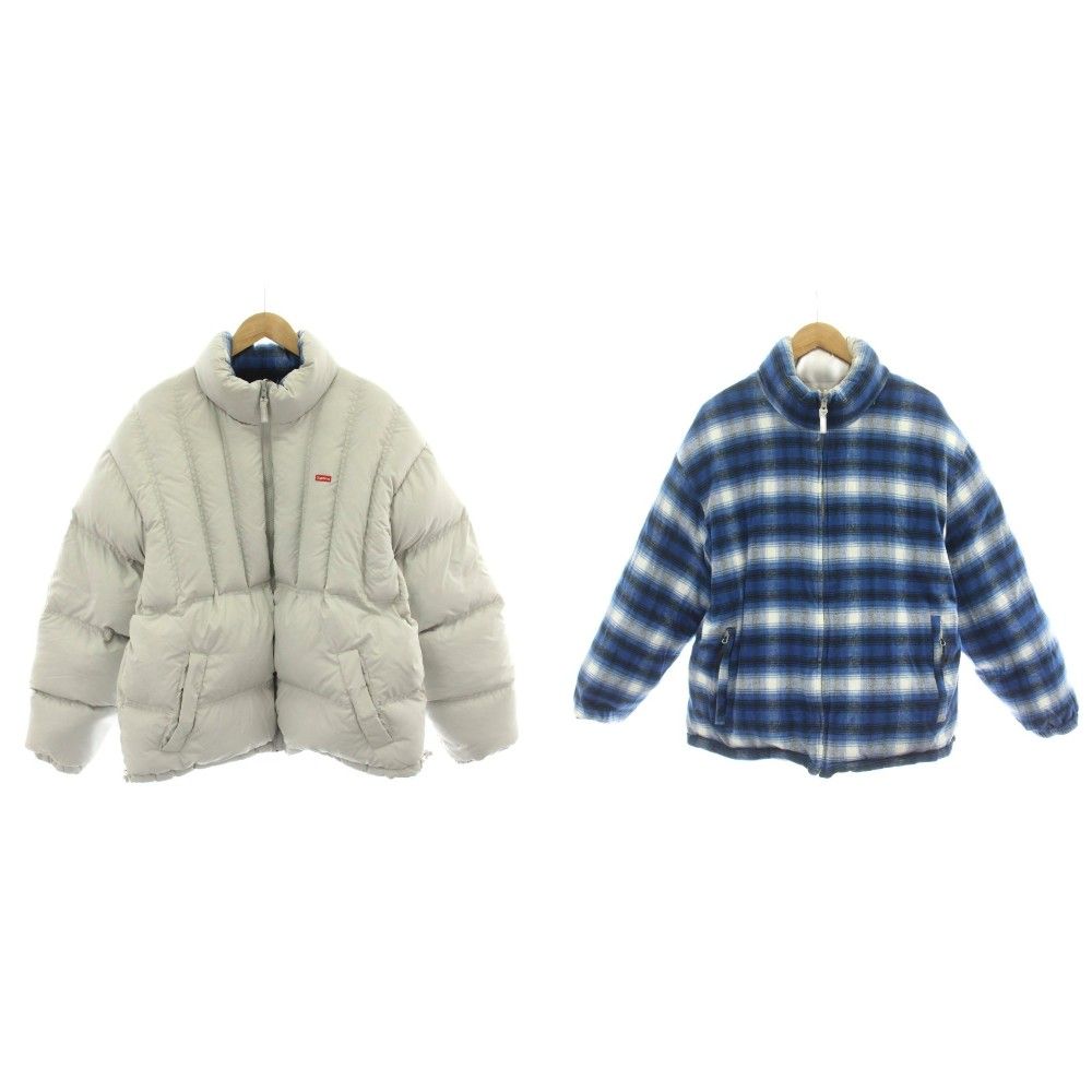 Supreme グレー ダウンジャケット シュプリーム SUPREME リバーシブル ダウンジャケット ロゴ チェック L