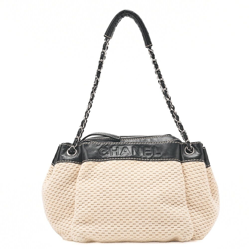 CHANEL シャネル 　ロゴマーク 　 ワンショルダーバッグ　 コットン×ラムスキン　黒×白（ シルバー金具）ハンドバッグ レディースバッグ ハイブランド【中古】【送料無料】