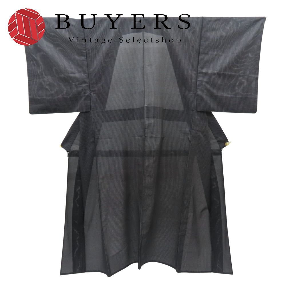 【中古】 男着物 絽 正絹 ブラック ベージュ 夏物 ストライプ 和装 呉服 和服 きもの メンズ 男性