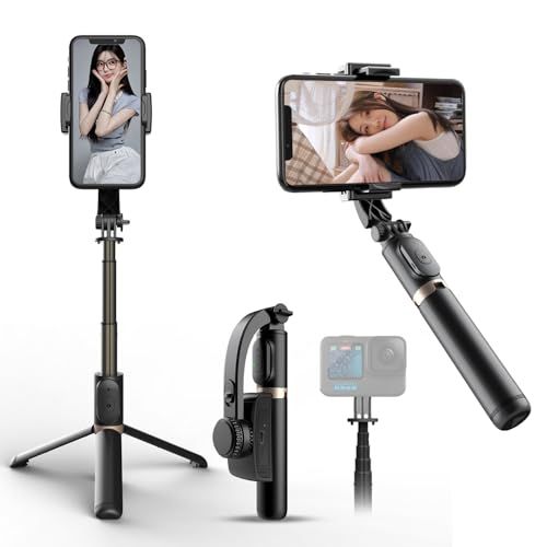 [2026 Anti-Shake Gimbal Selfie Stick] Smartphone Gimbal Tripod Integrated One-Hand Stabilizer [Bluetooth Remote Control Included] 5-Step Expandable, Lightweight, Foldable, Stable Shooting, USB Rechargeable, Compatible with iPhone/Android (Dark Black) Y