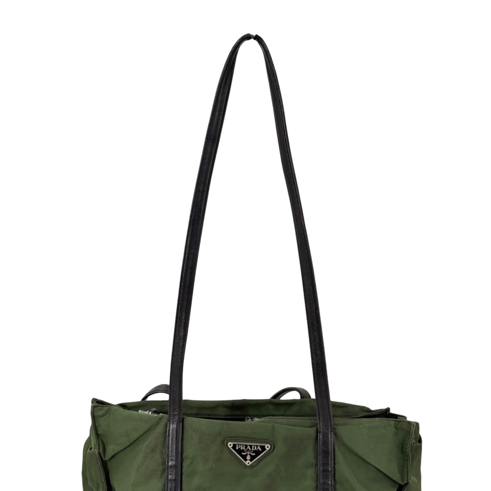 PRADA テスート　ハンドバッグ　カーキ PRADA テスートナイロンレザー カーキ トライアングルロゴ トート