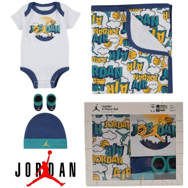 【専用ボックス入り】 nike ナイキ ジョーダン 男の子用Jordan Classics ブランケットxボディースーツ出産祝い4点セット(Black) ロンパース 靴下 出産祝い