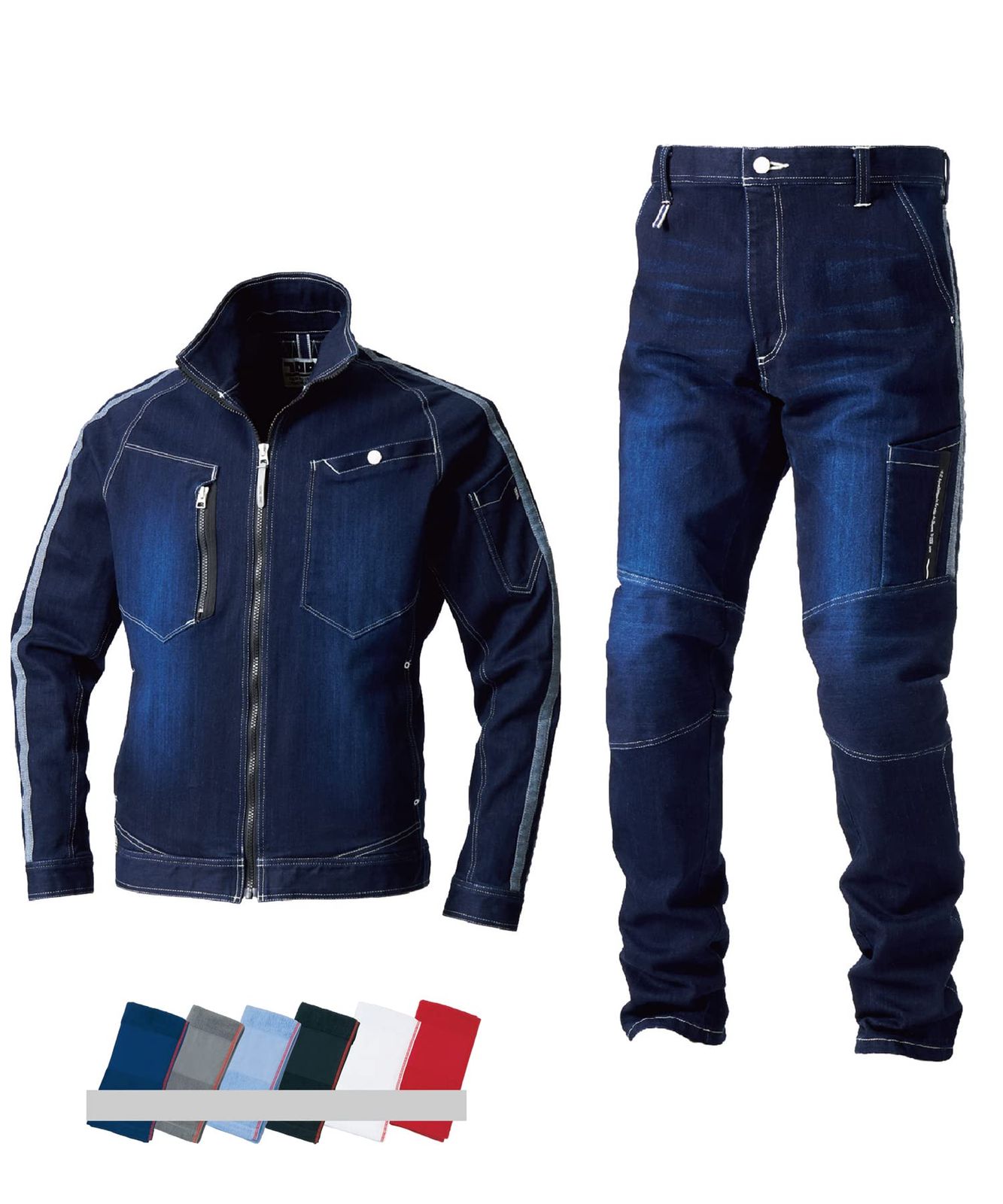新品 [寅壱] デニム 上下セット 作業服 作業着 8990-124 長袖ブルゾン ＆ 8990-219 カーゴパンツ タオル(ネームロゴ入り) 1本付(４Ｌ 04.コン)