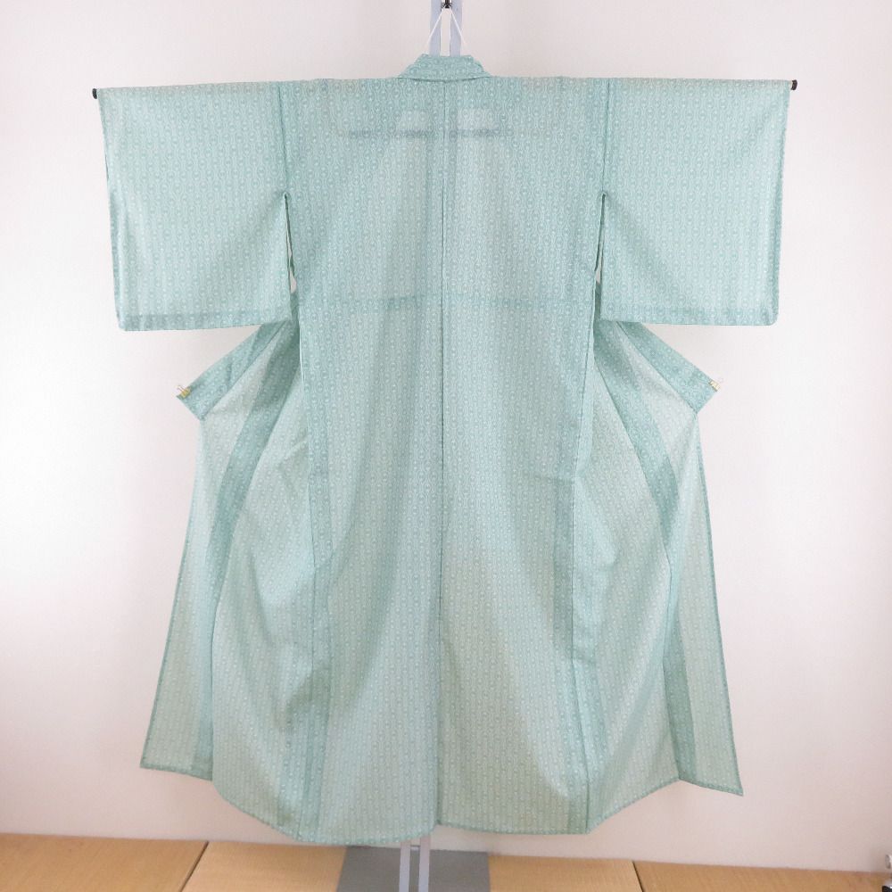 夏着物 小紋 絽 バチ衿 薄緑色x白色 立湧調 SSサイズ 夏用 仕立て