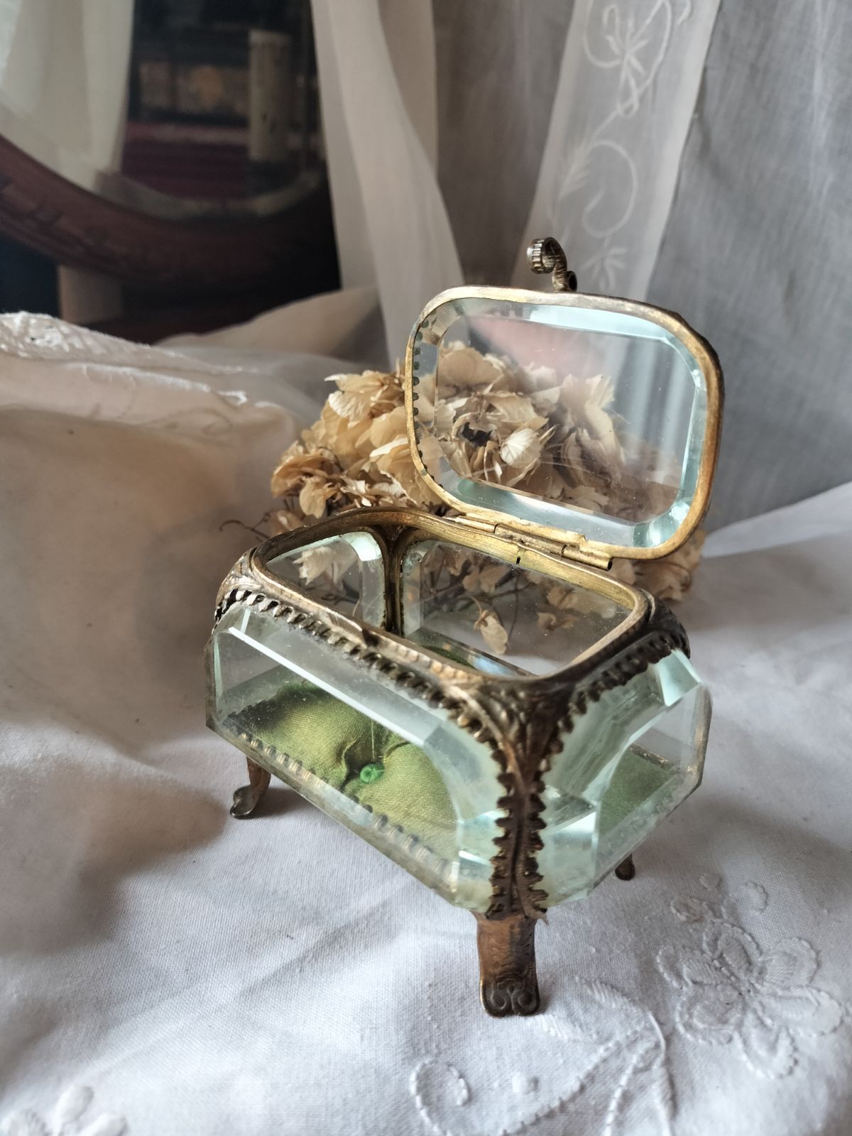 フランス アンティーク クリスタル 5面 ジュエリーケース 1900年 美品