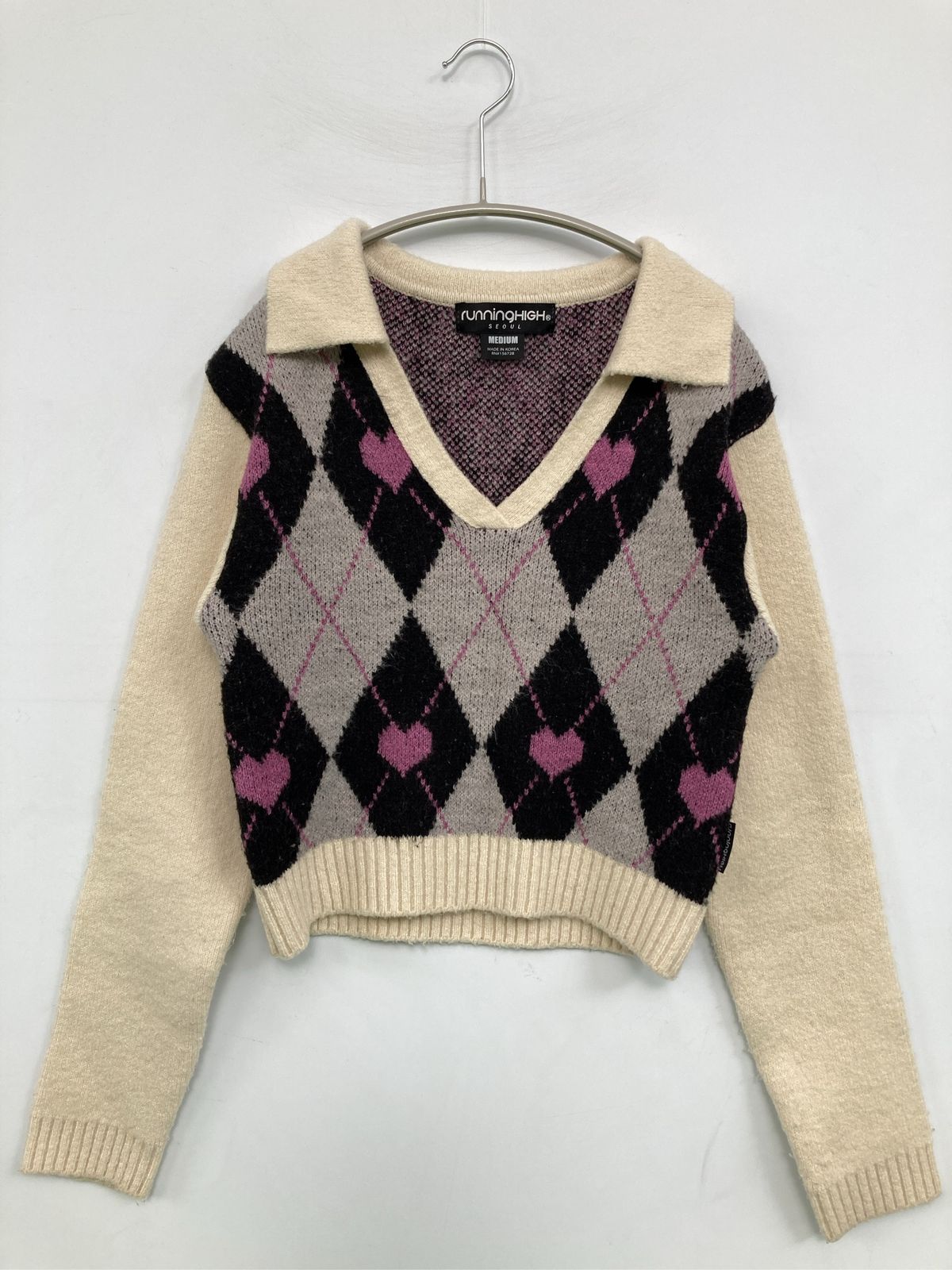 running HIGH ランニングハイ ニット/セーター MEDIUM ベージュ ニット 刺繍 その他総柄 ショート丈 長袖 Vネック レディース