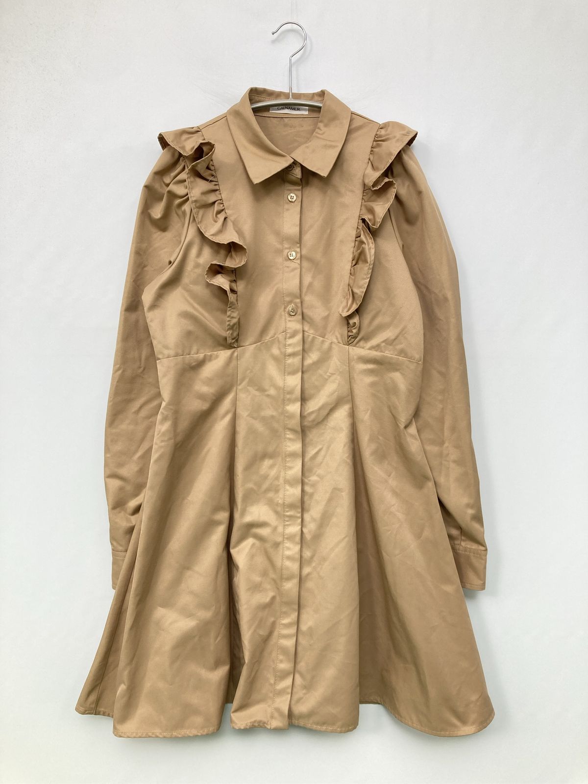 CALNAMUR カルナムール シャツワンピース F ベージュ コットン 無地 フリル 長袖 ショート・ミニ丈 レディース
