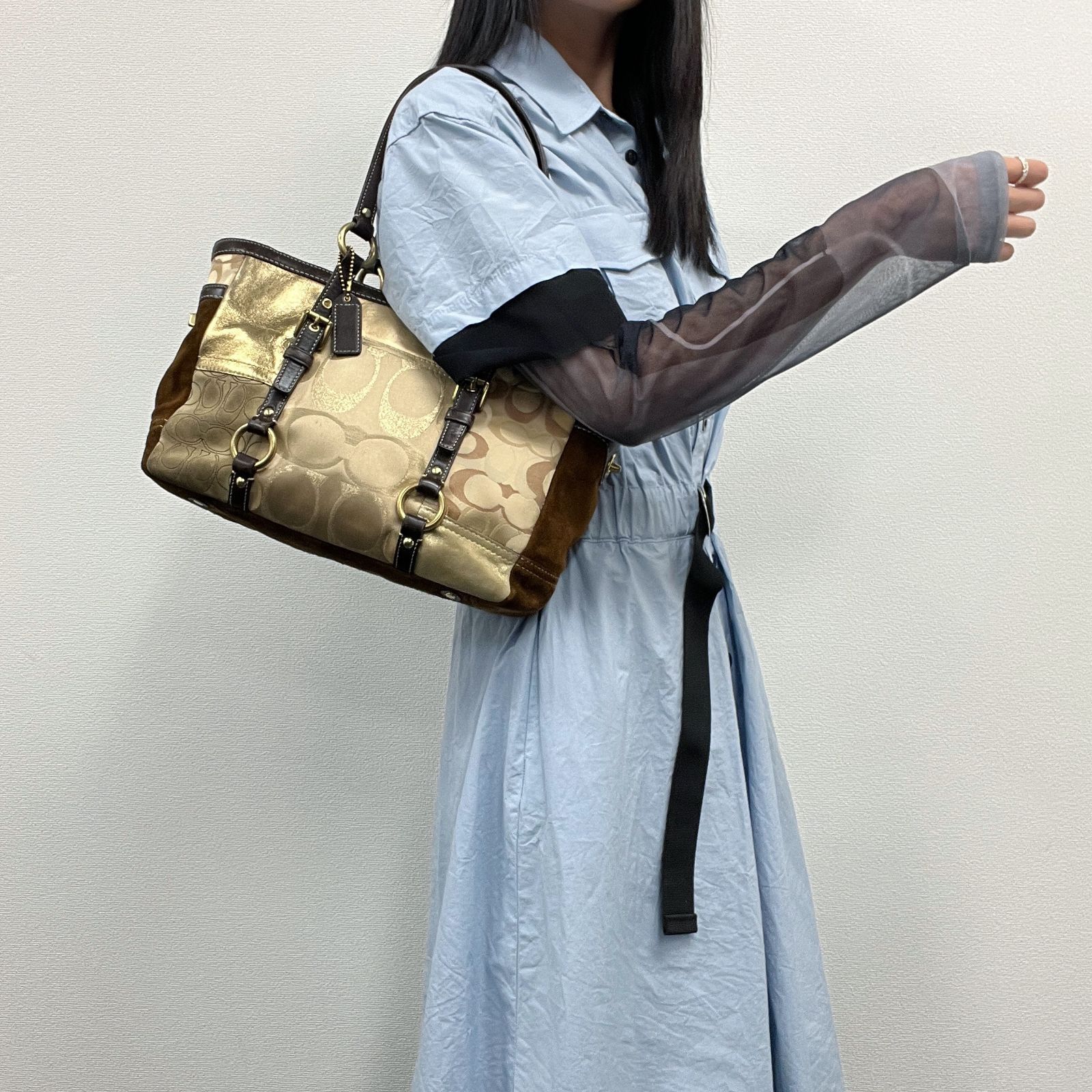 中古】COACH コーチ トートバッグ ベージュ キャンバス スエード 