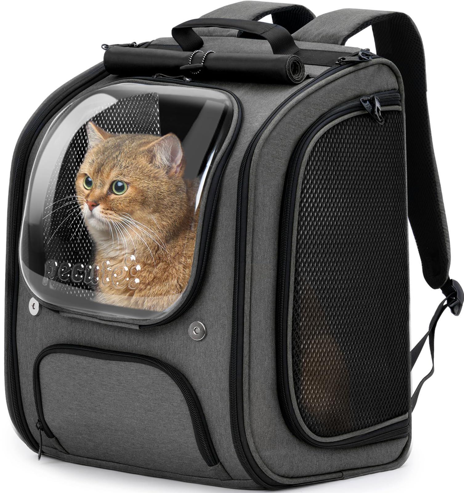 Pecute ペットバックパック バブル リュック 犬 猫 キャリー リュック 透明な窓 通気性 猫キャリーバッグ 猫 小中型犬用 バッグ 折り畳み 旅行 通院 防災 避難用 ペットキャリー グレー