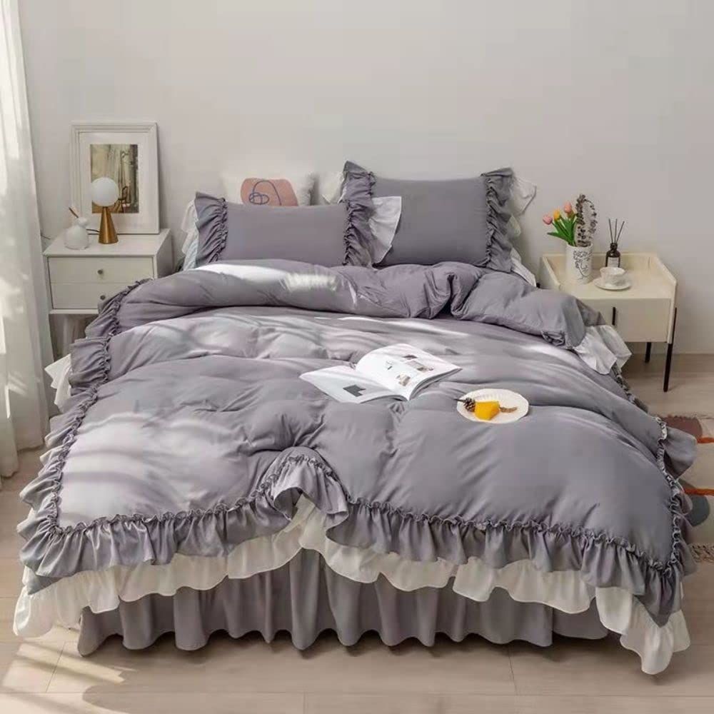 新品 布団カバーセット ふとんカバー 掛けふとんカバー 寝具カバー シングル3点セットセミダブル ダブル4点セット ベッドスカート 肌に優しい フリル付きおしゃれ 北欧 新生活 引っ越し ホテル仕様 安心 清潔 丸洗いOK (グレー1 SDセミダブル-4点セ