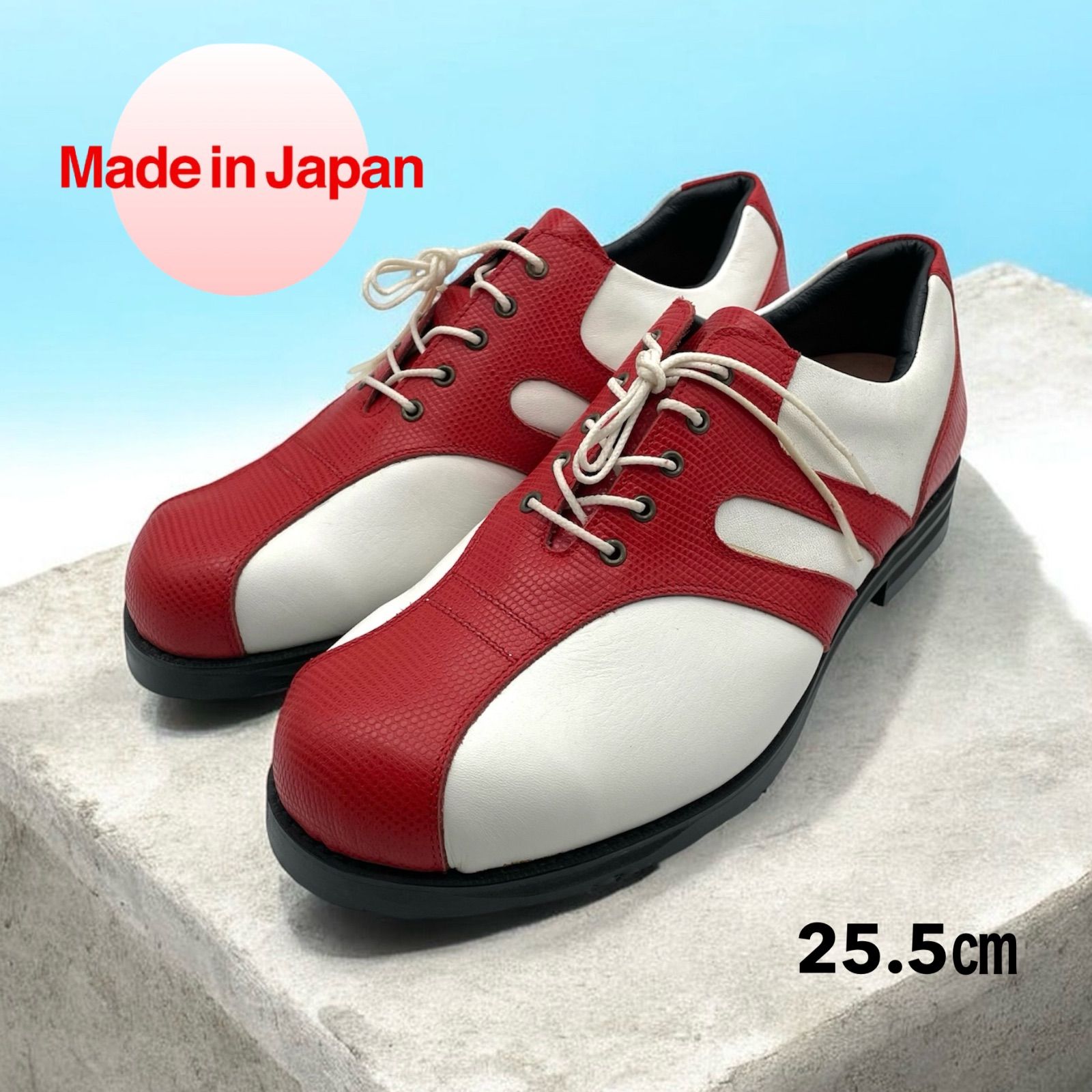 【未使用】日本製 本革 ソフトスパイクゴルフシューズ 25.5㎝ ユニセックス 白赤 ツートン
