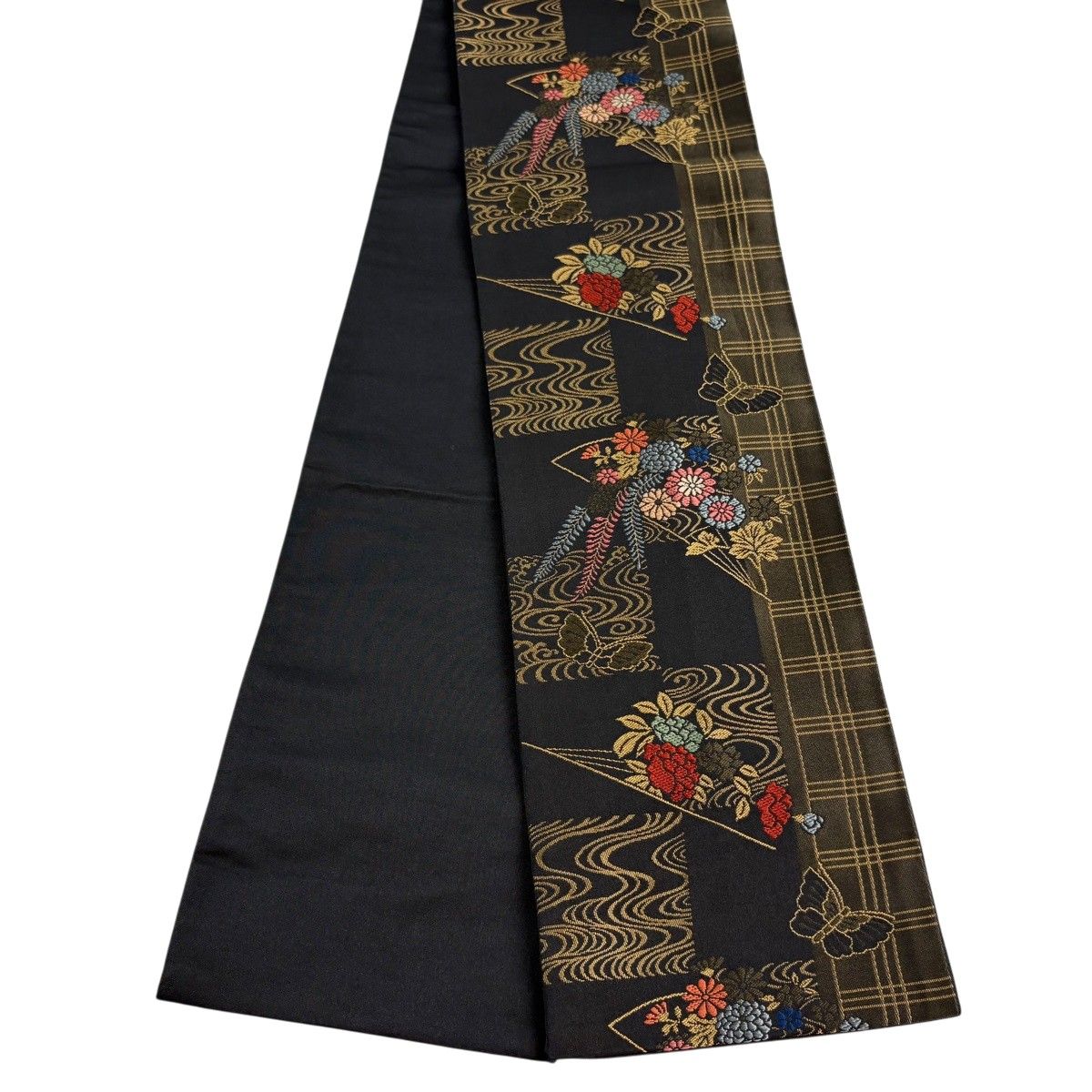 半幅帯 優品 草花 流水 黒 正絹 【中古】