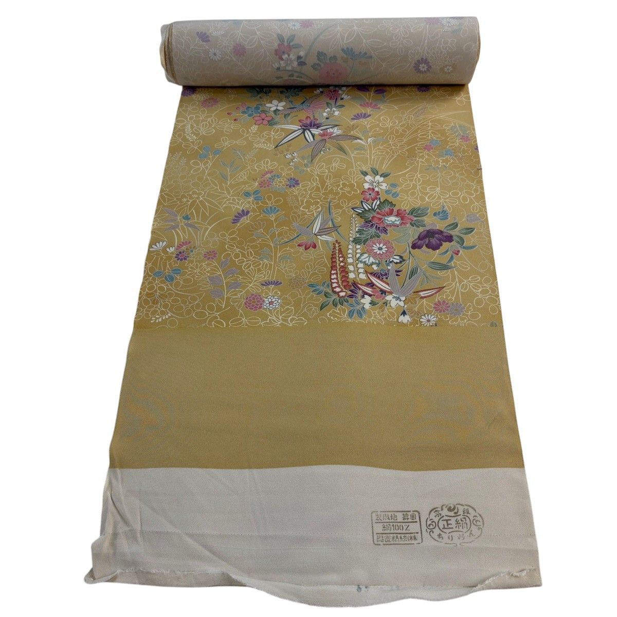 反物 秀品 小紋 鳥 草花 金彩 薄黄土色 正絹 【中古】