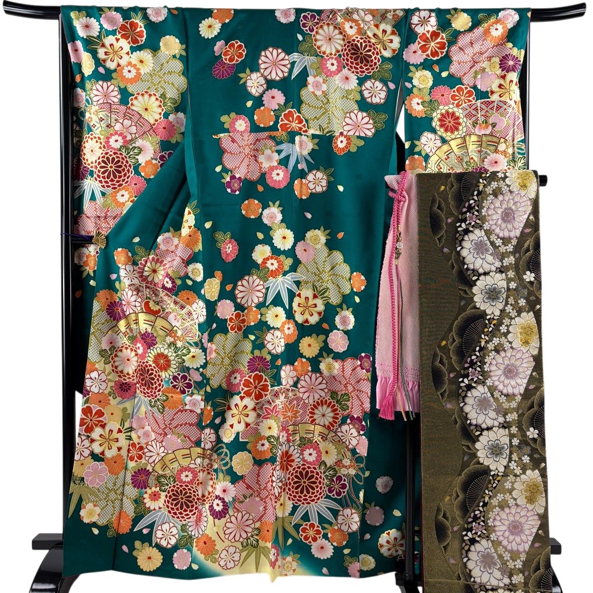 美品】 振袖 身丈166cm 裄丈67cm M 袷 袋帯フルセット 桧扇 菊 金彩 緑