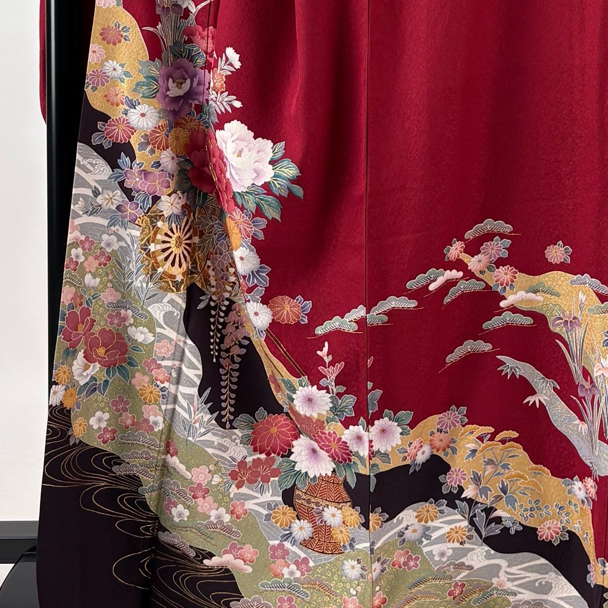 美品 振袖 身丈166.5cm 裄丈68cm L 袷 袋帯フルセット 花車 流水