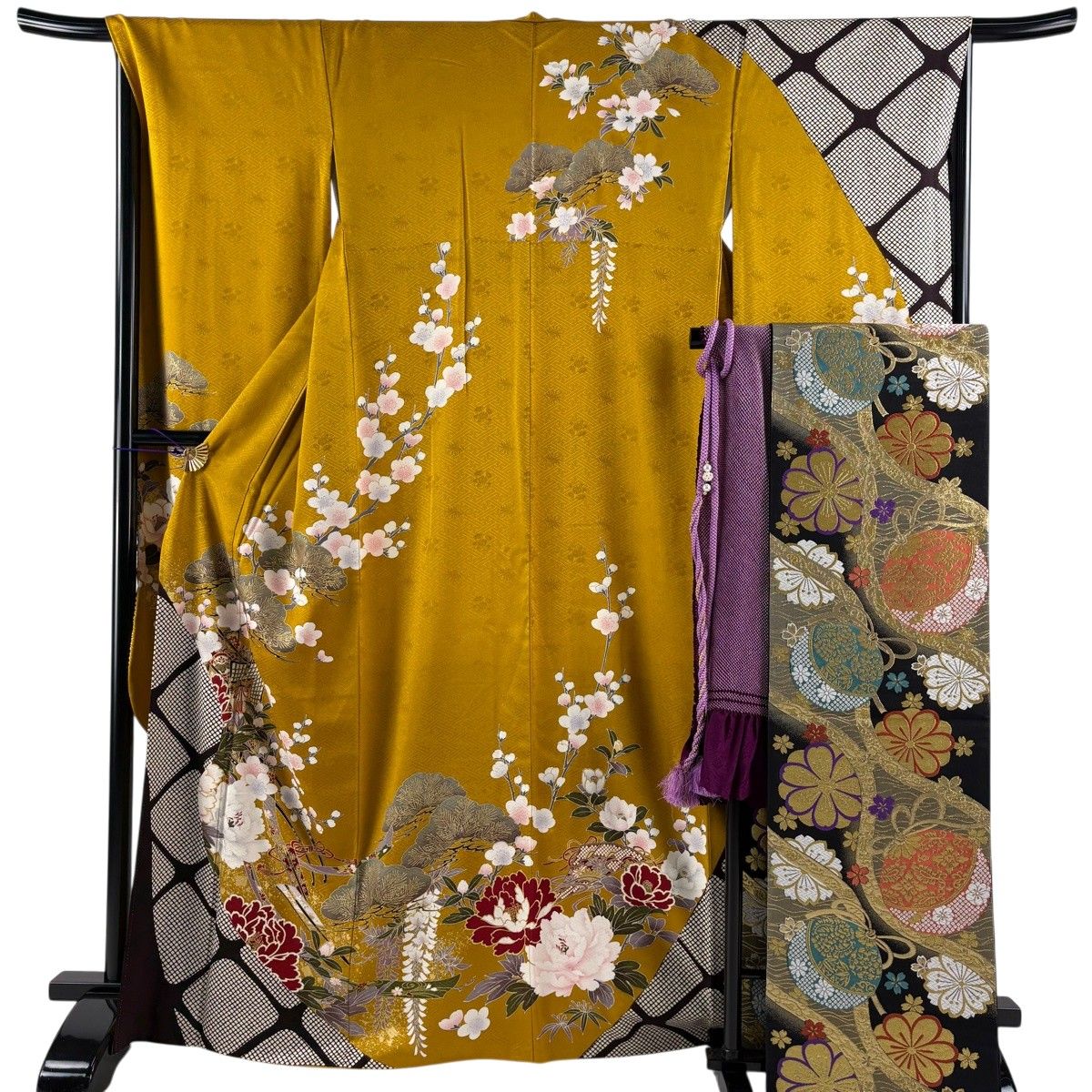 美品】 振袖 身丈167cm 裄丈67cm M 袷 袋帯フルセット 御所車 松竹梅