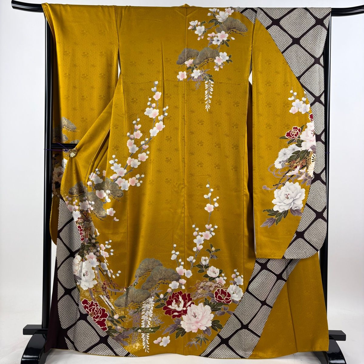 美品】 振袖 身丈167cm 裄丈67cm M 袷 袋帯フルセット 御所車 松竹梅