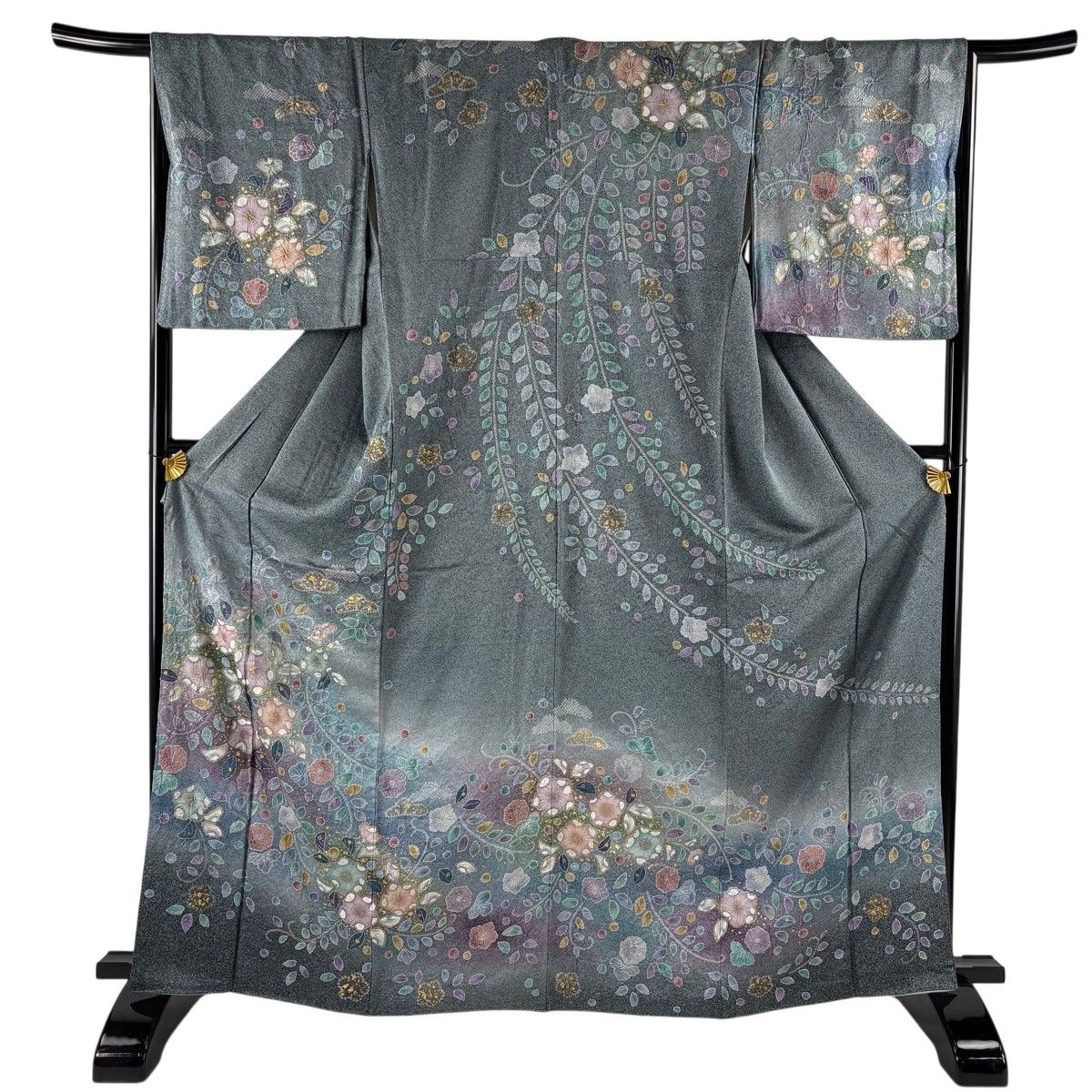 美品】 訪問着 身丈165cm 裄丈67cm M 袷 辻が花 金彩 ぼかし 青灰色