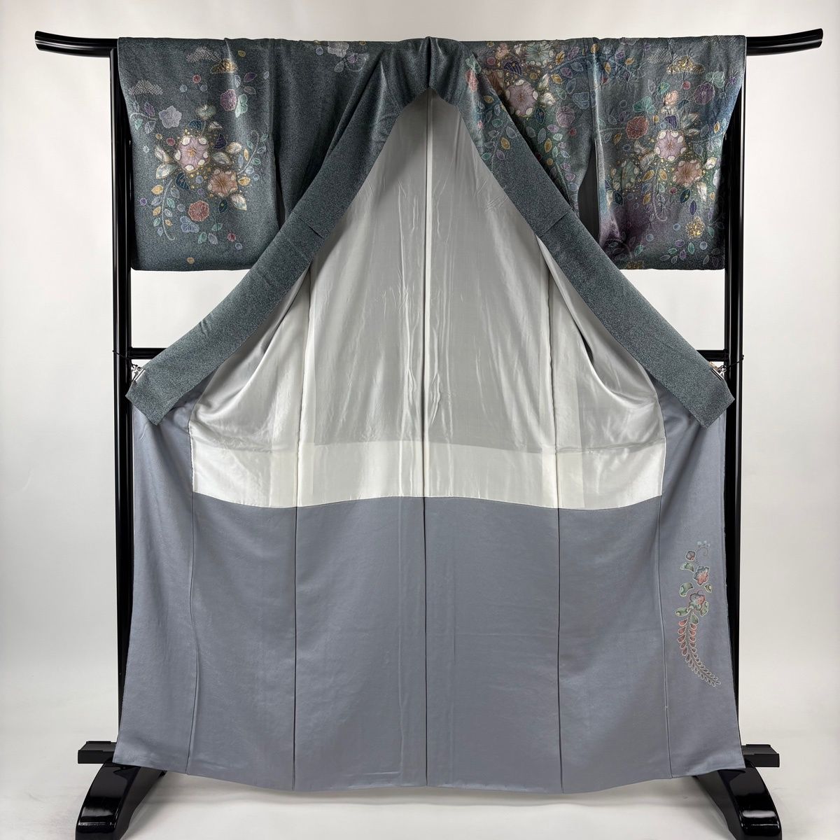 美品】 訪問着 身丈165cm 裄丈67cm M 袷 辻が花 金彩 ぼかし 青灰色