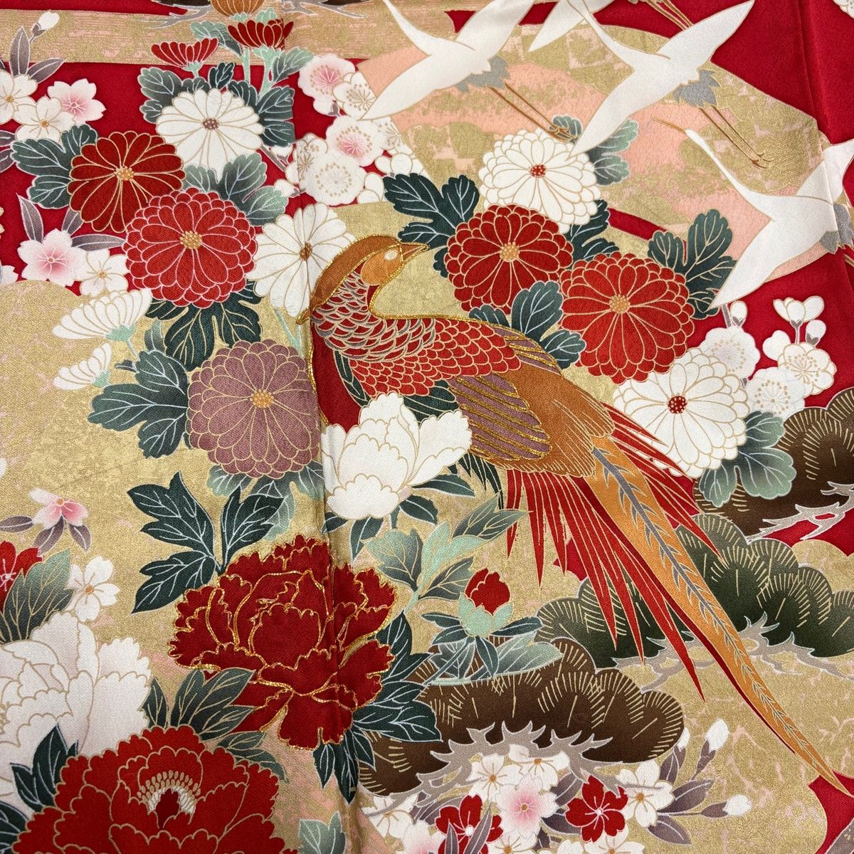 正統派 古典柄 振袖 朱赤 波文様 花鳥 身丈160 裄66 振袖 身丈160cm 裄丈66cm M 袷 花鳥 扇面 金彩 金糸 赤 正絹 名品