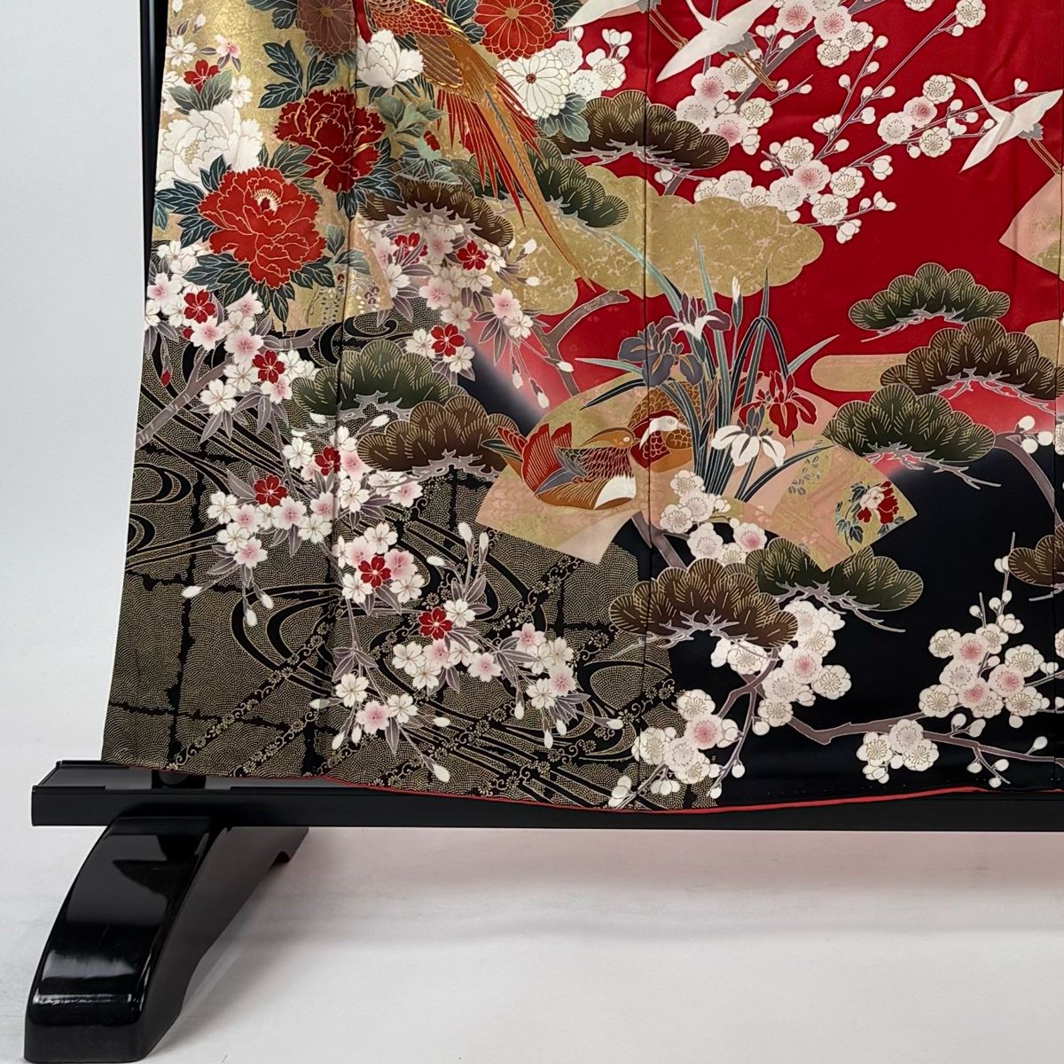 振袖 身丈160cm 裄丈66cm M 袷 花鳥 扇面 金彩 金糸 赤 正絹 名品